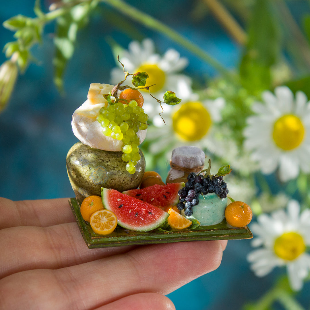 Miniature fruit and cheese still life for dollhouse in 1:12 scale 1