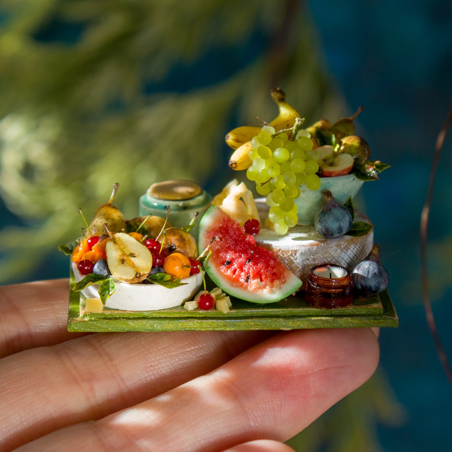 Miniature set with cheese and fruits for dollhouse in 1:12 scale 2