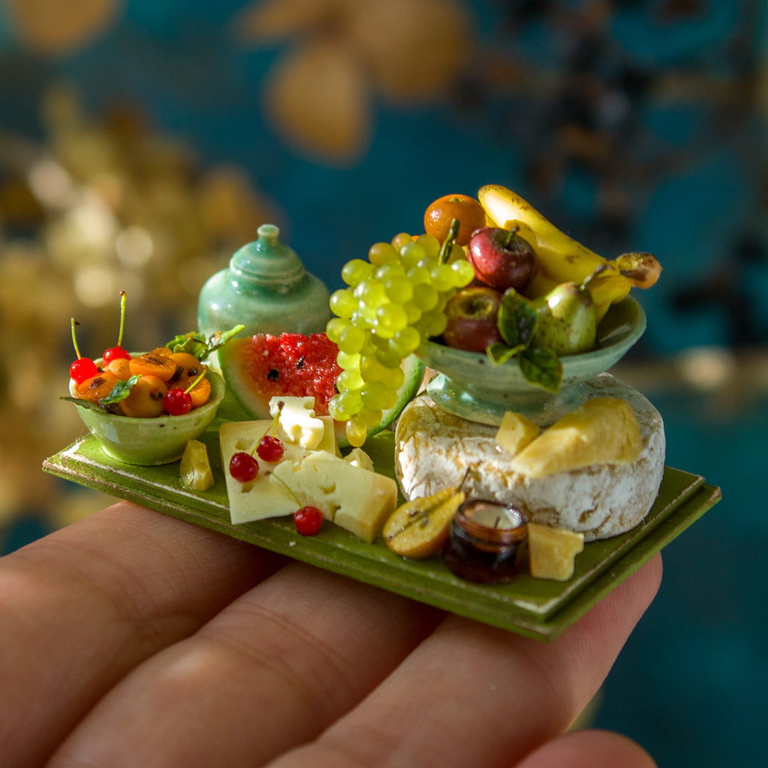 Miniature set with cheese and fruits for dollhouse in 1:12 scale 2 - Rina Vellichor