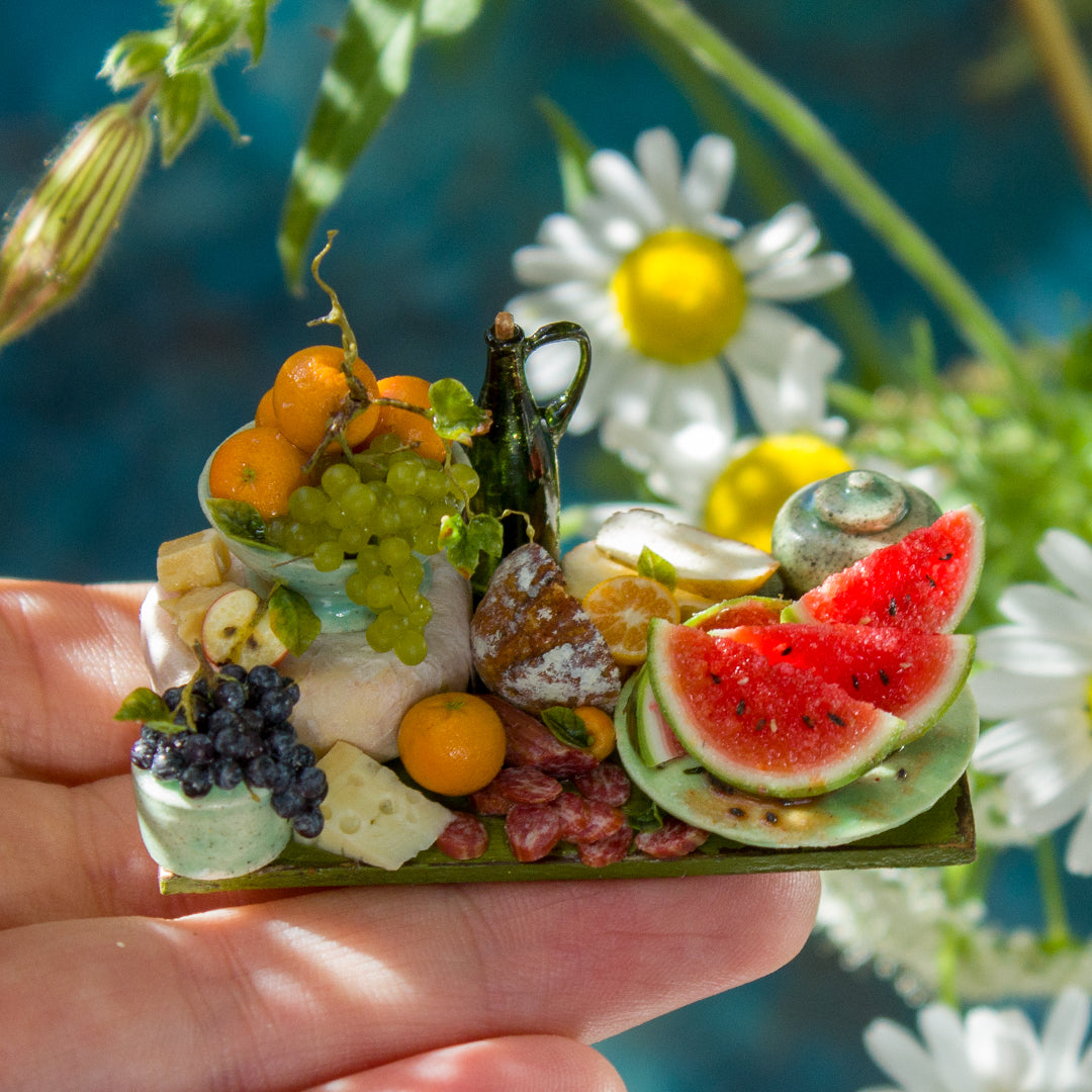 Miniature fruit and cheese still life for dollhouse in 1:12 scale 6