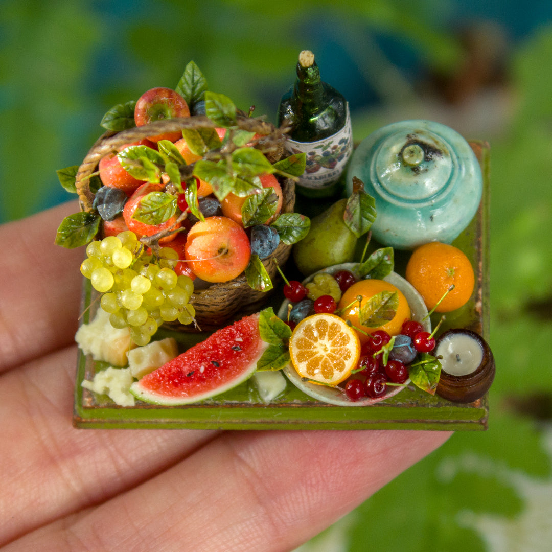 Miniature fruit and cheese still life for dollhouse in 1:12 scale 2