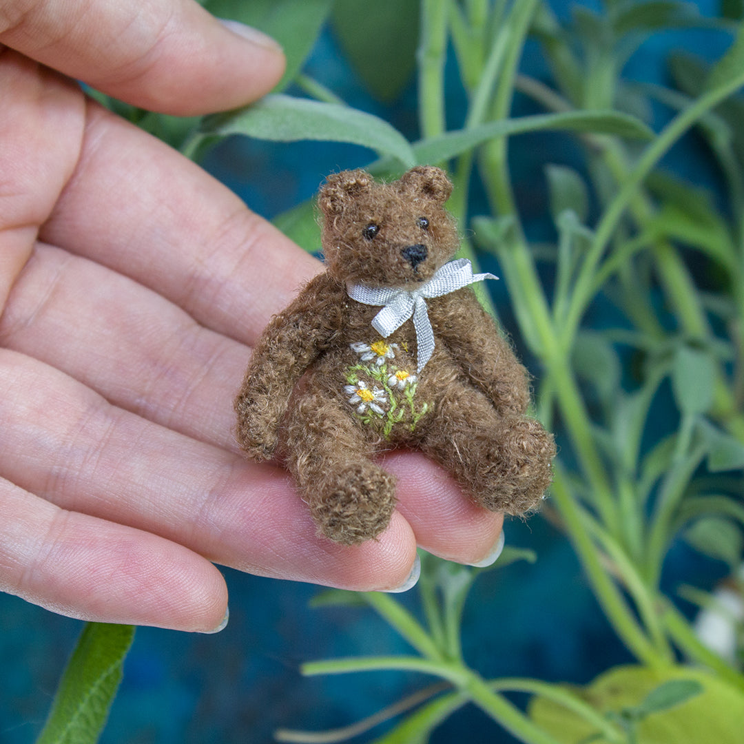 Miniature teddy bear with floral embroidery for dollhouse in 1:12 scale