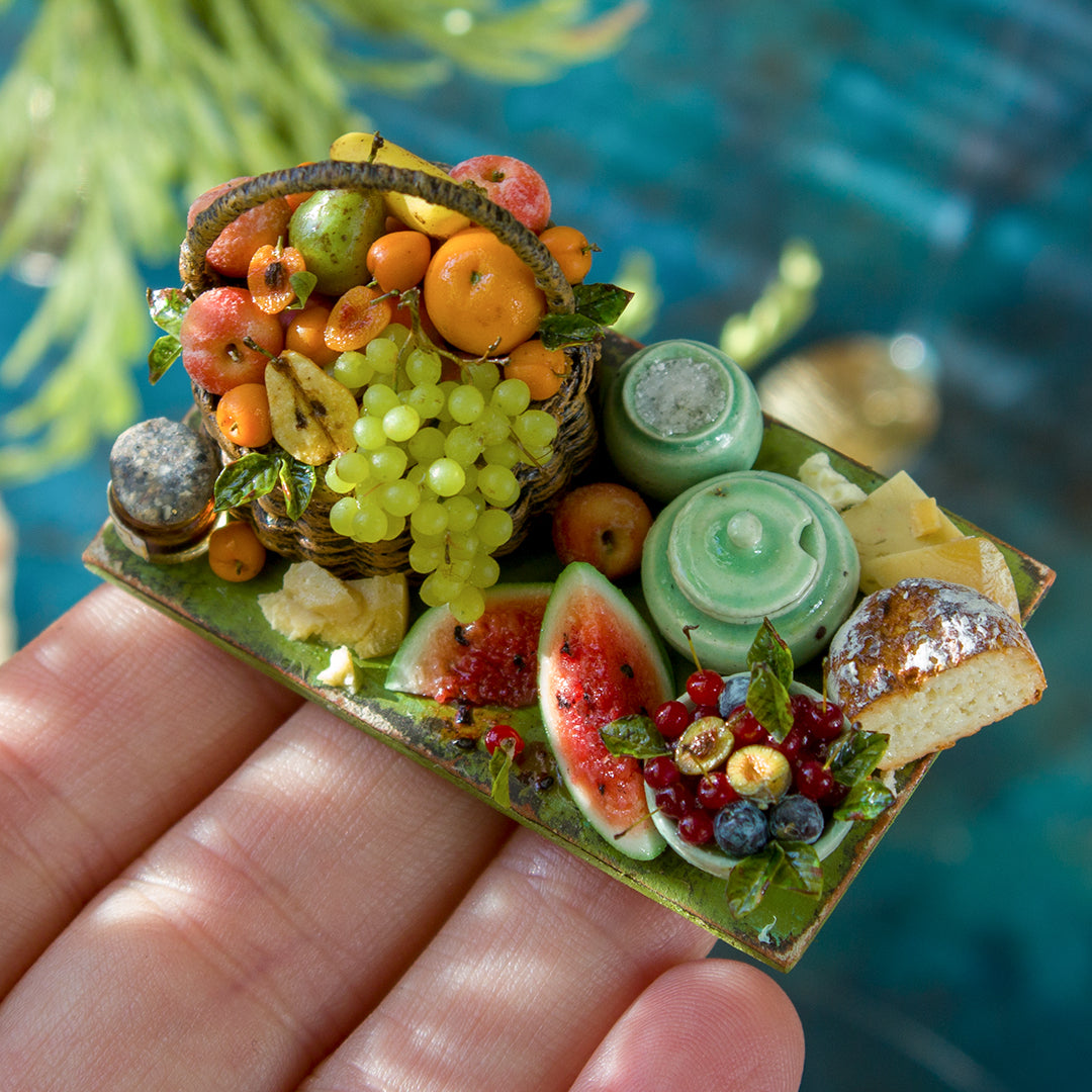 Miniature set with cheese and fruits for dollhouse in 1:12 scale - Rina Vellichor