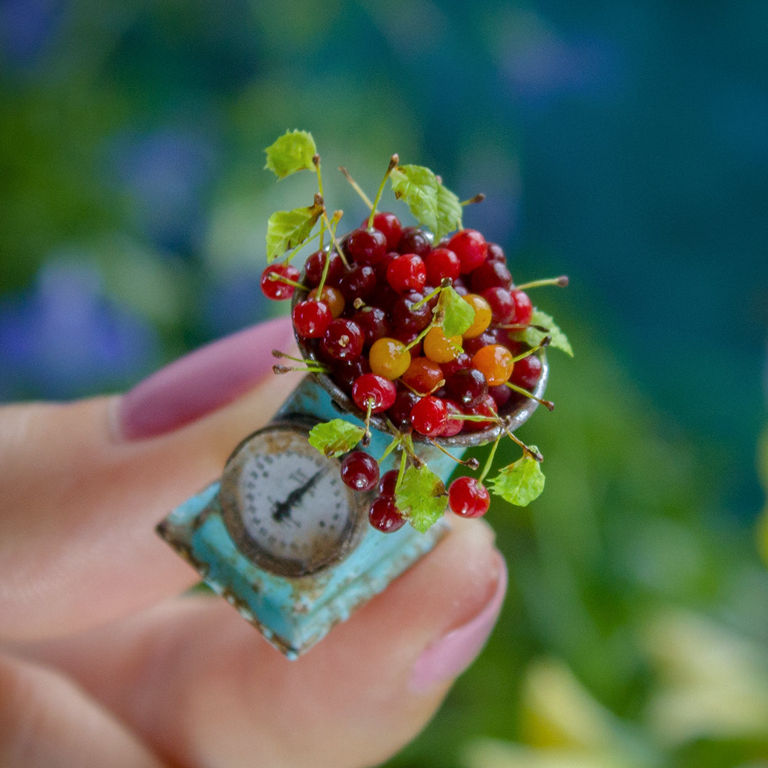Miniature Cherry Scene with Vintage Kitchen Scale – 1:12 Scale Dollhouse Decor - Rina Vellichor