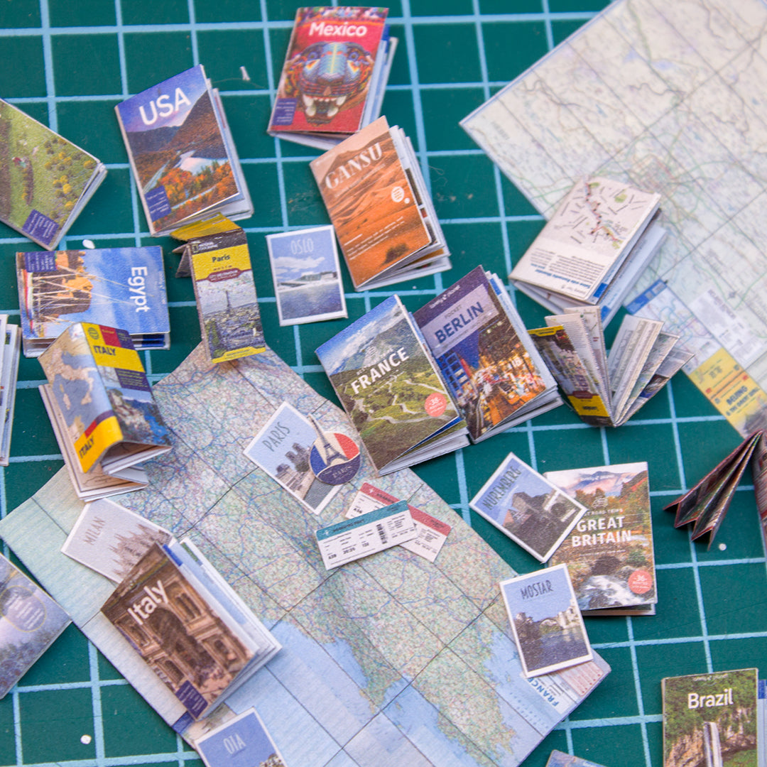 TEMPLATE 3 sheets of miniature travel booklets, maps, postcards, stickers | PDF