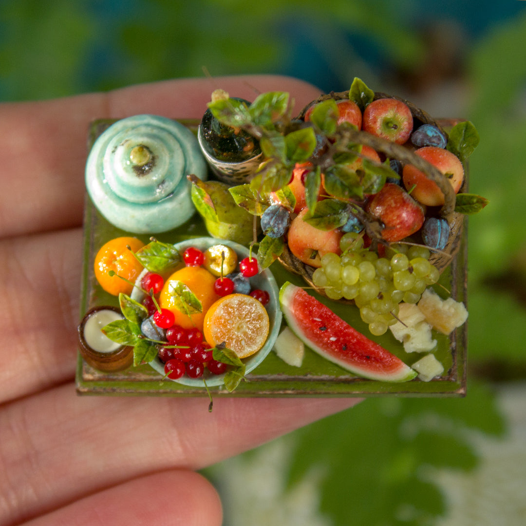 Miniature fruit and cheese still life for dollhouse in 1:12 scale 4