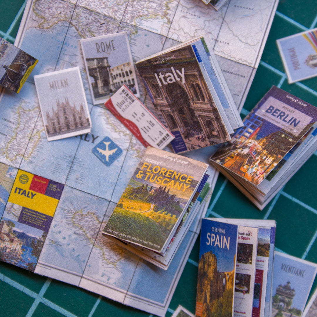 TEMPLATE 3 sheets of miniature travel booklets, maps, postcards, stickers | PDF