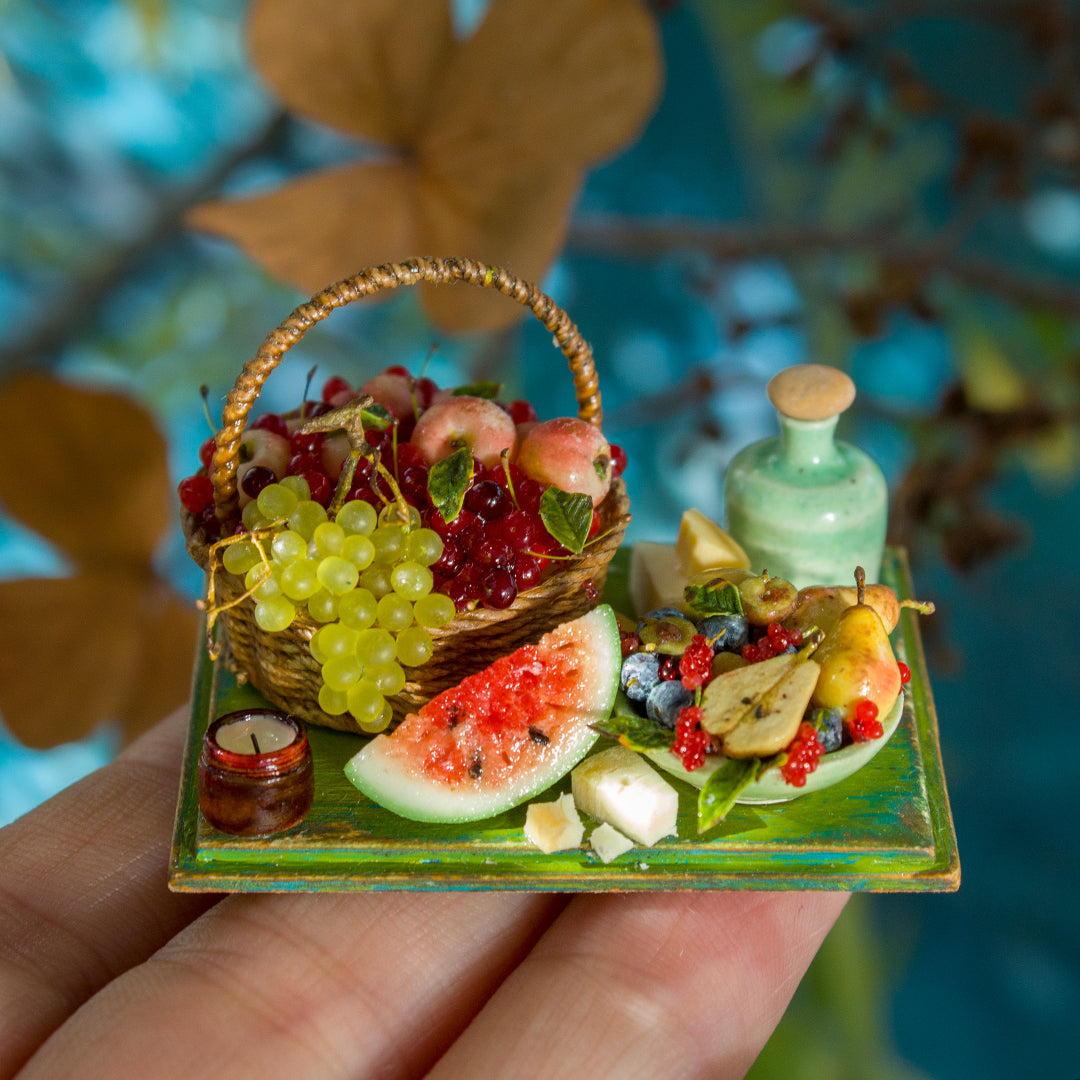 Miniature set with cheese and fruits for dollhouse in 1:12 scale 5