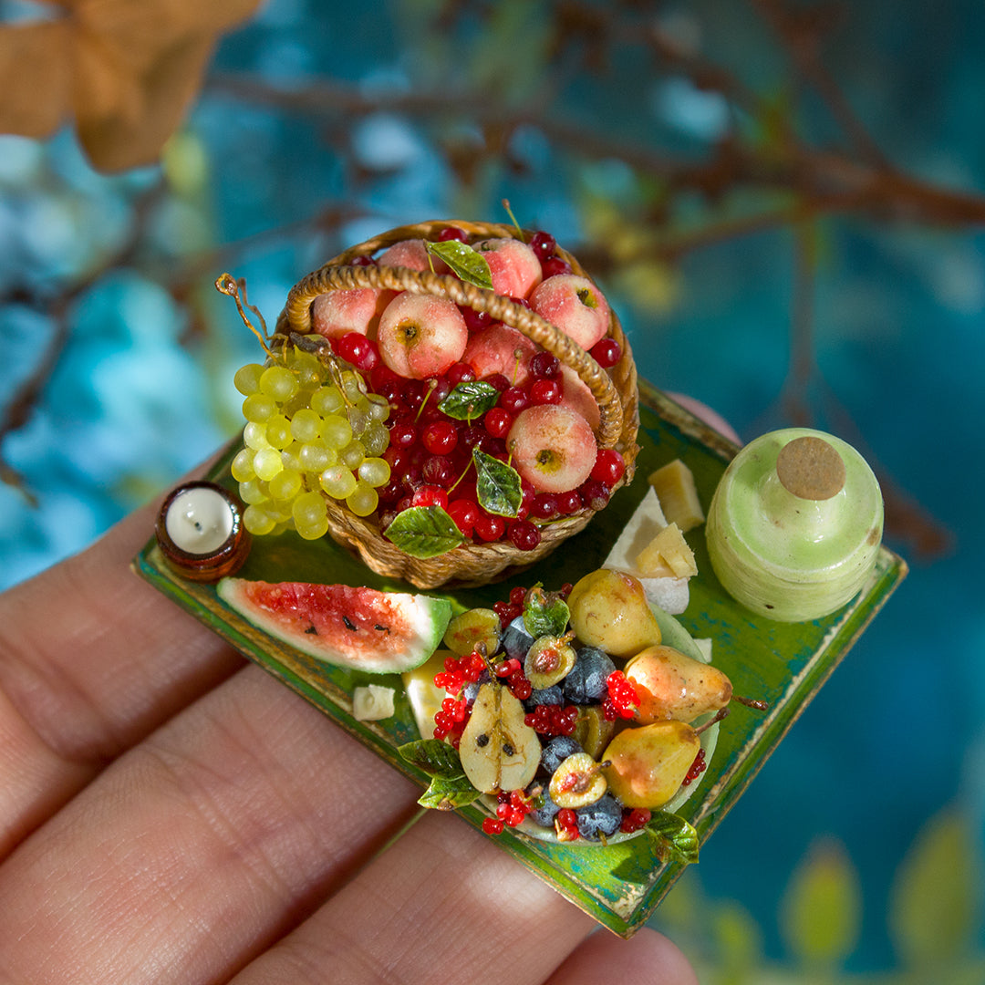 Miniature set with cheese and fruits for dollhouse in 1:12 scale 8