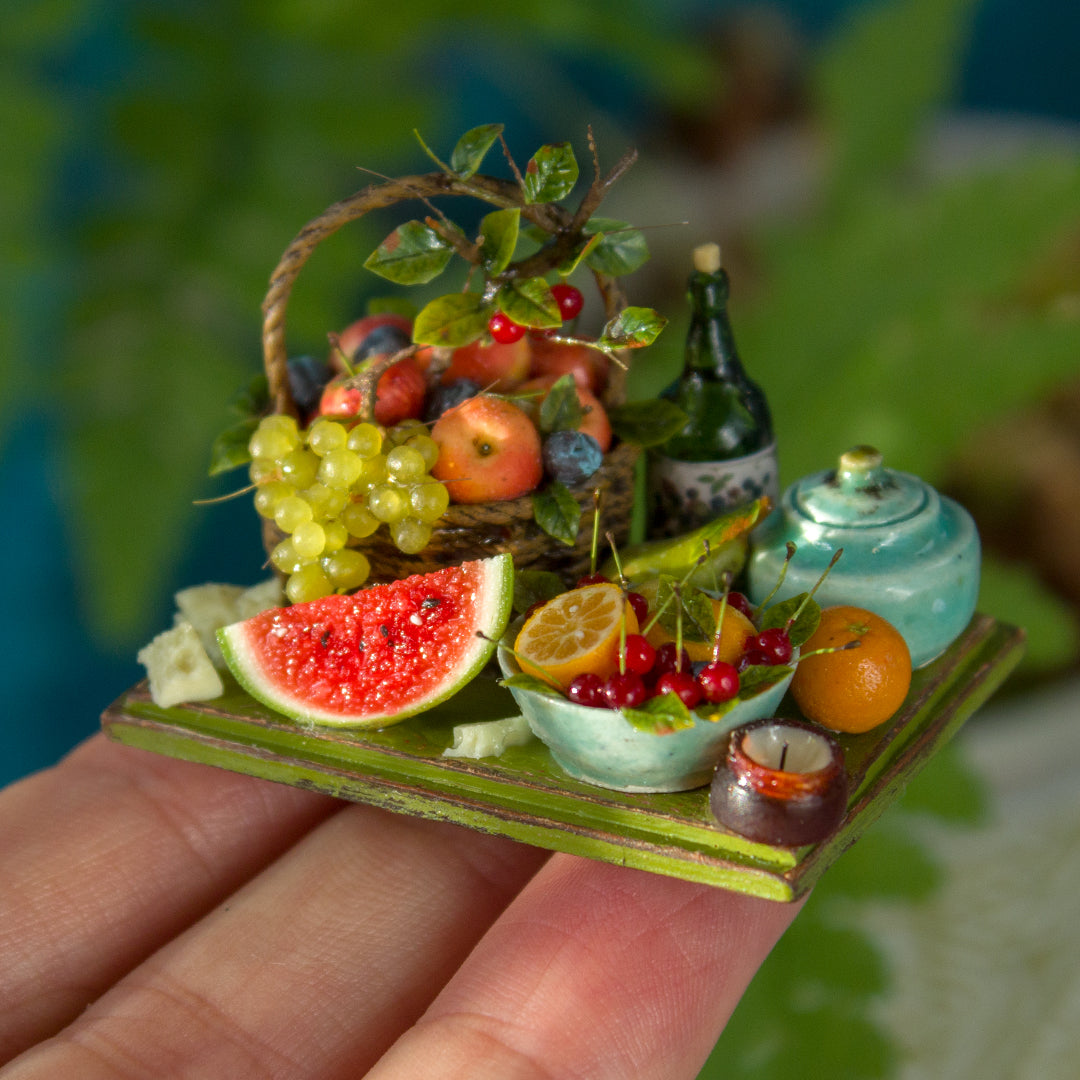 Miniature fruit and cheese still life for dollhouse in 1:12 scale 1