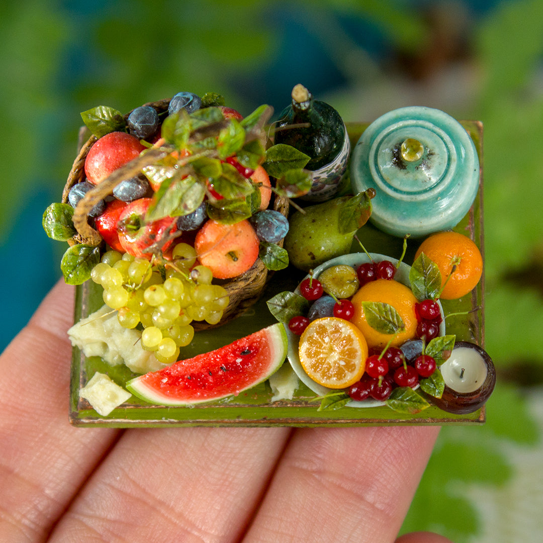 Miniature fruit and cheese still life for dollhouse in 1:12 scale 1
