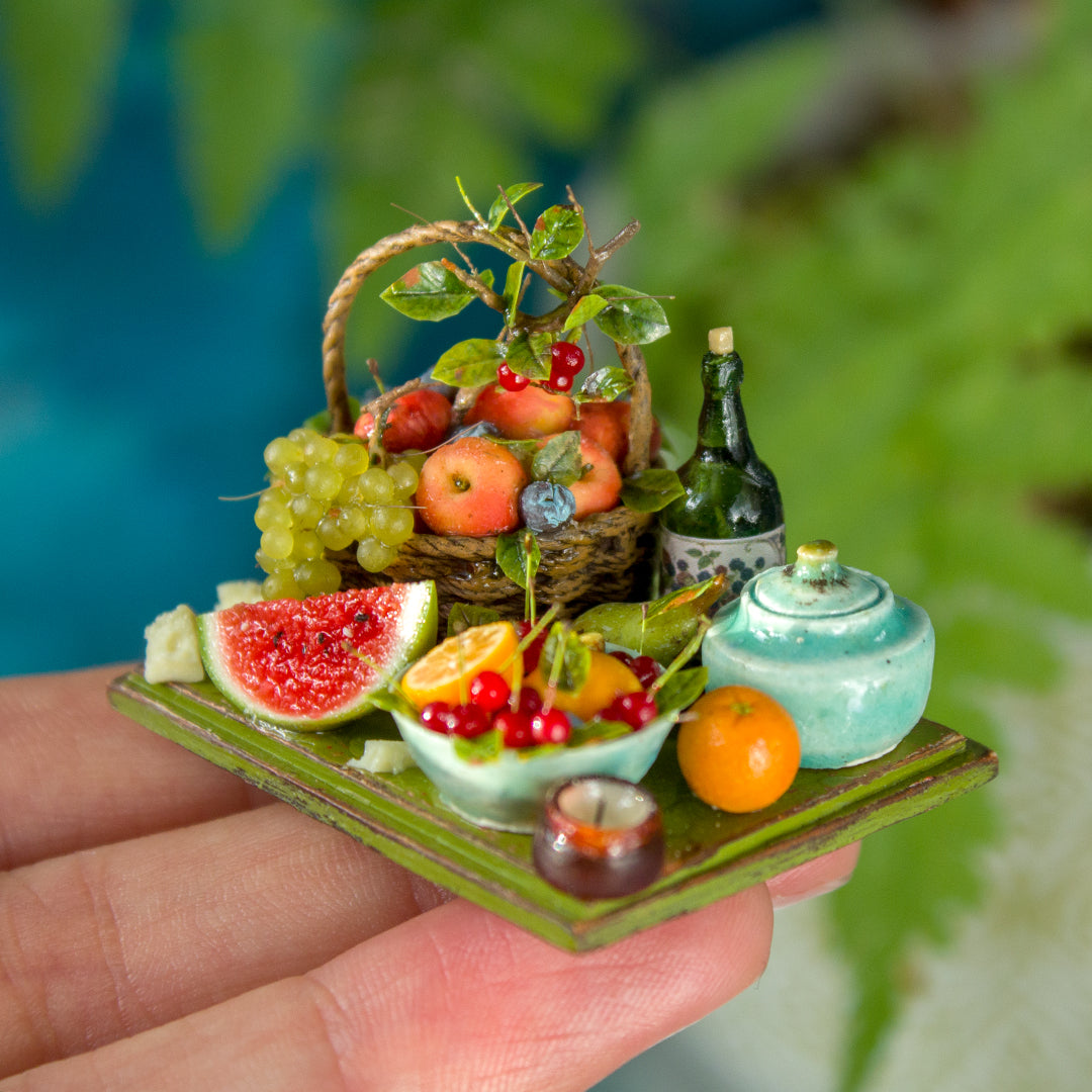 Miniature fruit and cheese still life for dollhouse in 1:12 scale 1