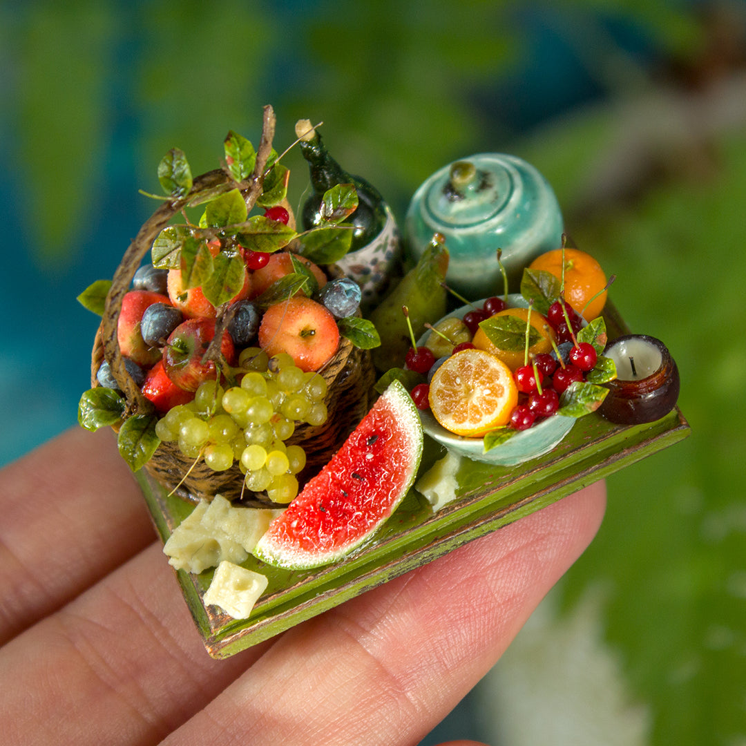 Miniature fruit and cheese still life for dollhouse in 1:12 scale 1