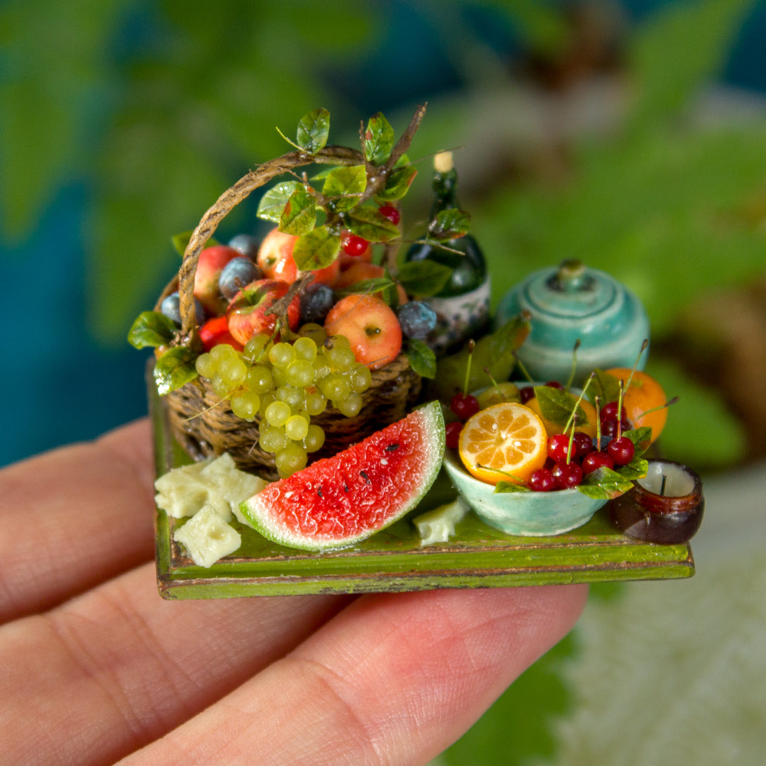 Miniature fruit and cheese still life for dollhouse in 1:12 scale 1