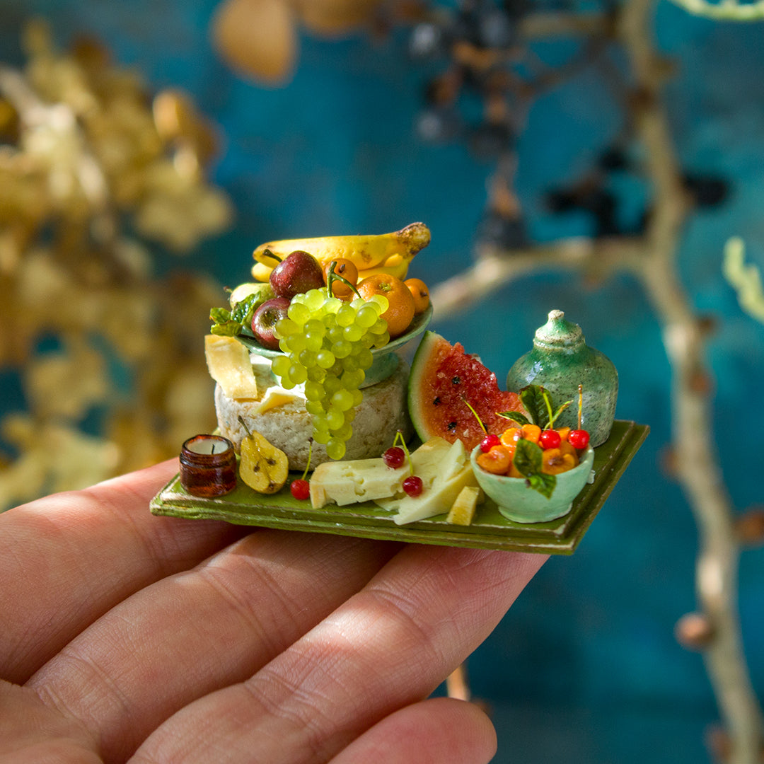 Miniature set with cheese and fruits for dollhouse in 1:12 scale 1 - Rina Vellichor