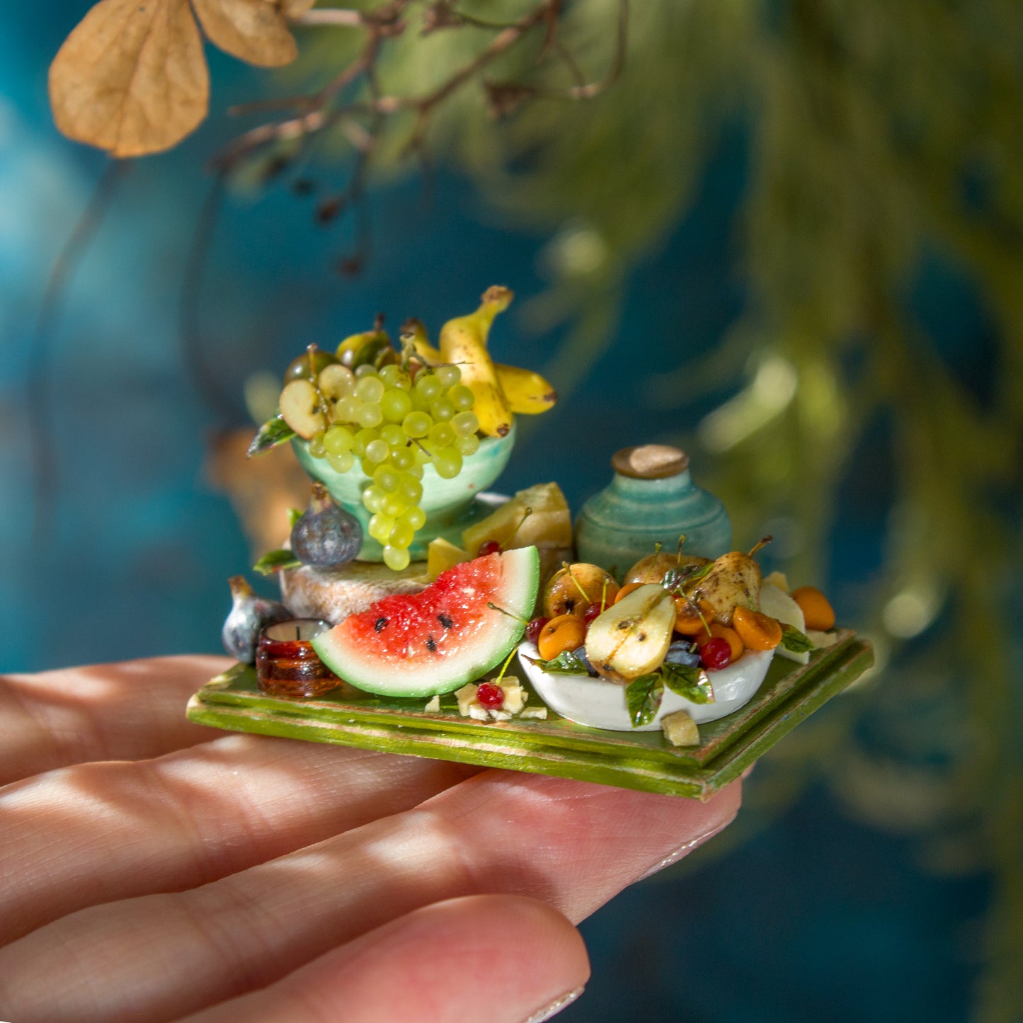 Miniature set with cheese and fruits for dollhouse in 1:12 scale 1