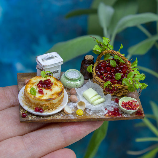 Miniature cherry cheesecake making set for dollhouse in 1:12 scale - Rina Vellichor