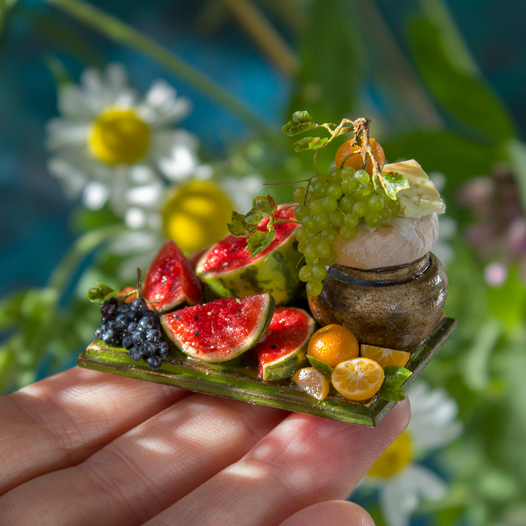 Miniature fruit and cheese still life for dollhouse in 1:12 scale 3