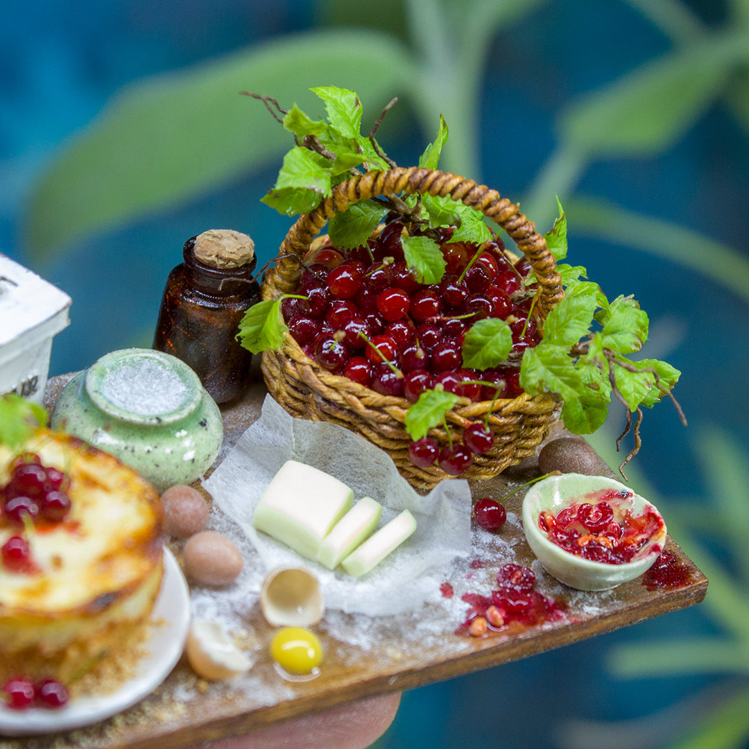 Miniature cherry cheesecake making set for dollhouse in 1:12 scale - Rina Vellichor