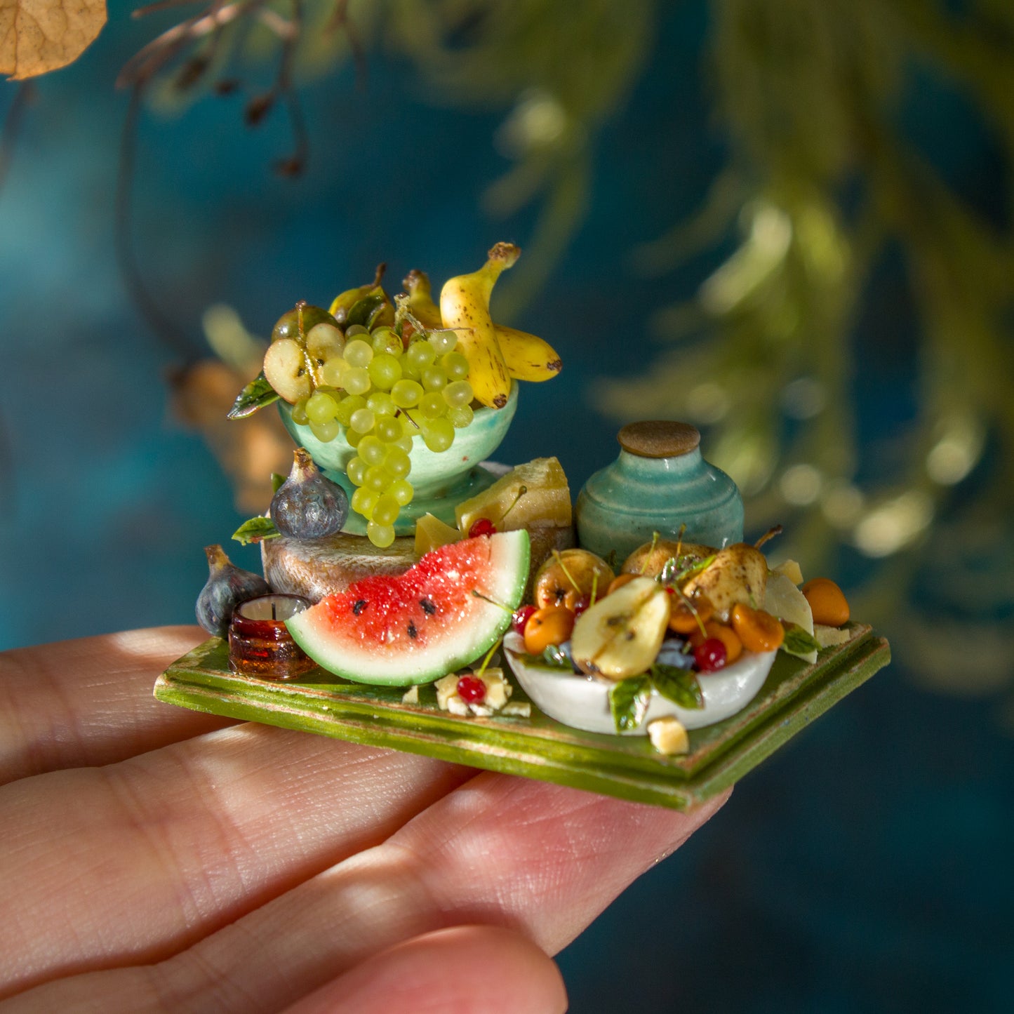 Miniature set with cheese and fruits for dollhouse in 1:12 scale 1