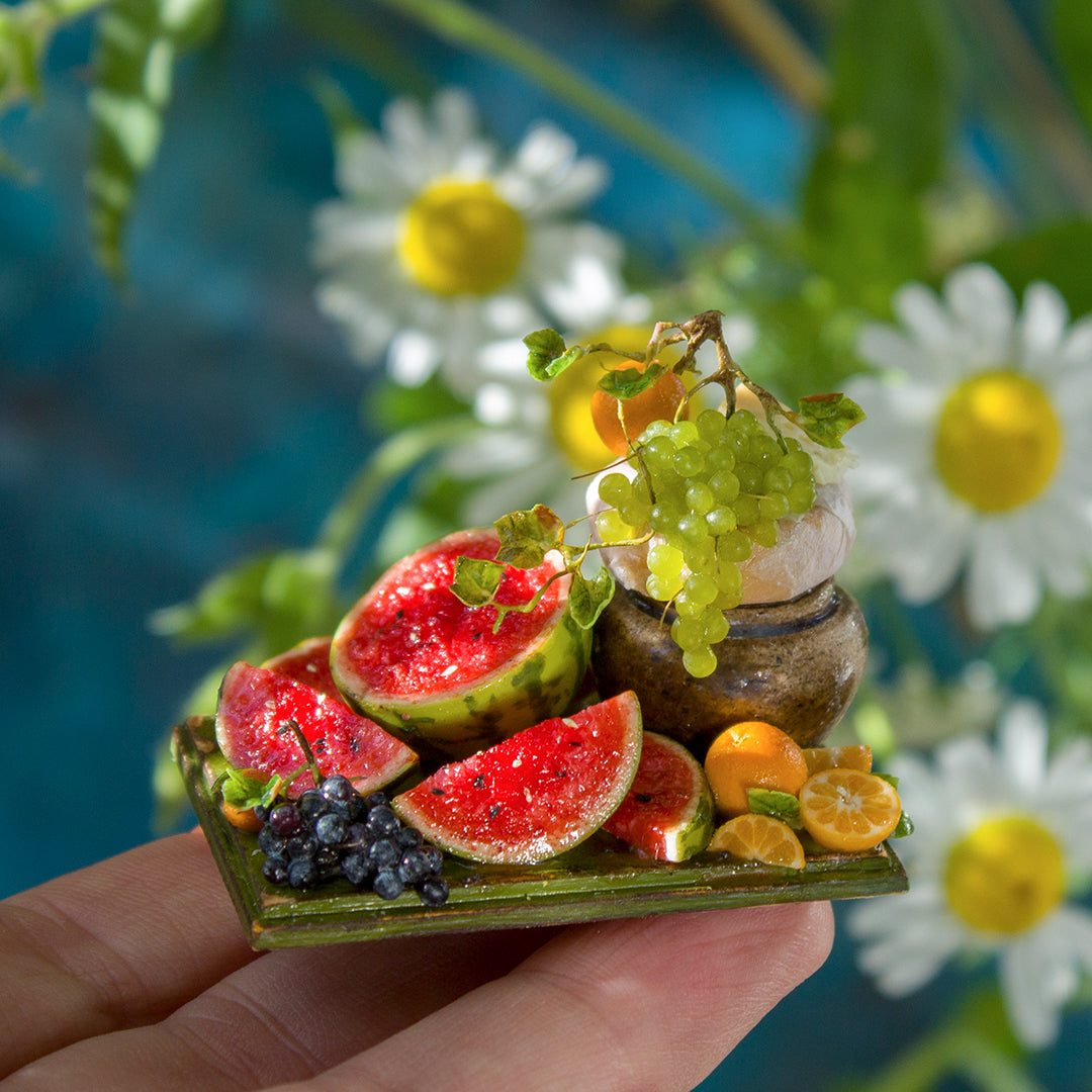 Miniature fruit and cheese still life for dollhouse in 1:12 scale 3