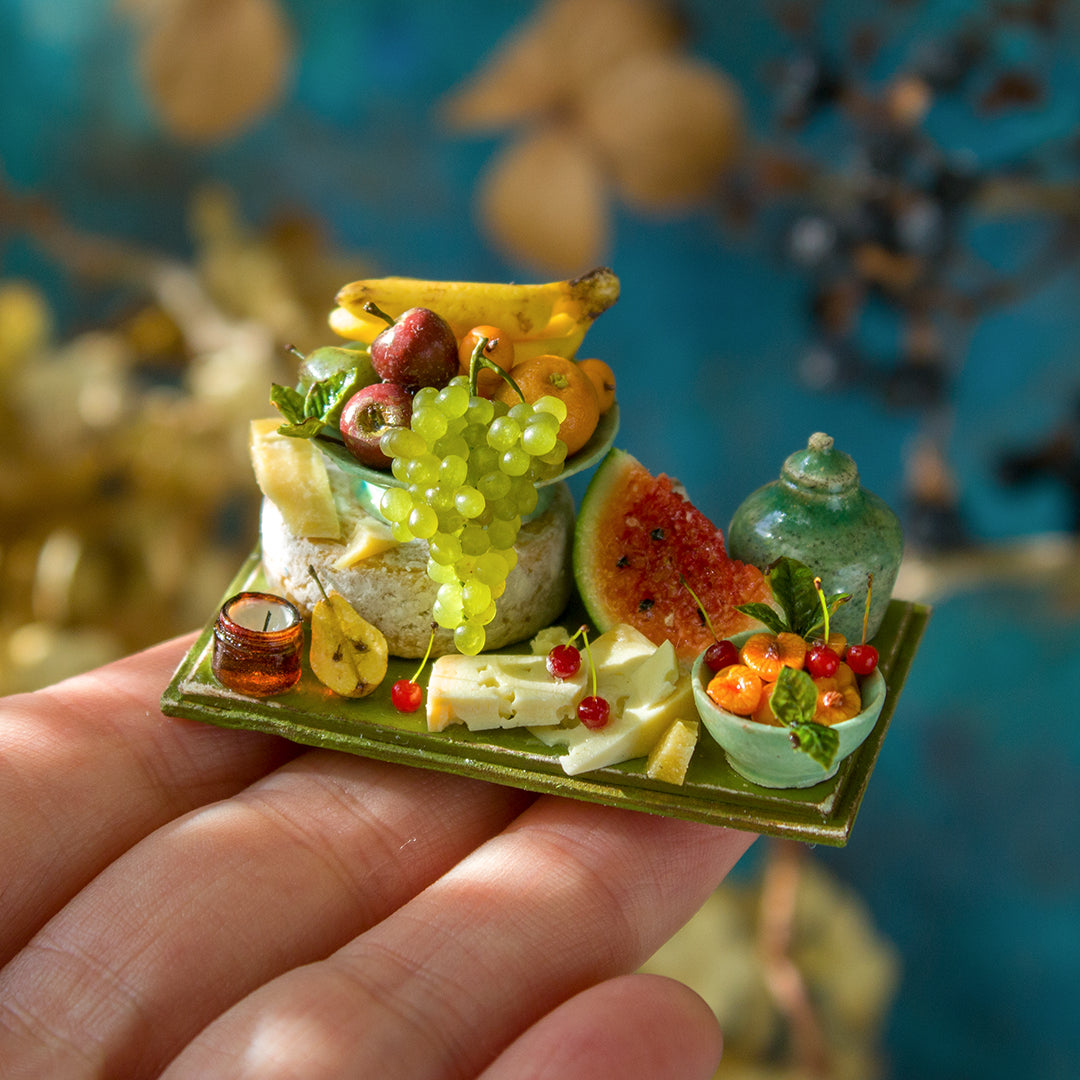 Miniature set with cheese and fruits for dollhouse in 1:12 scale 1 - Rina Vellichor