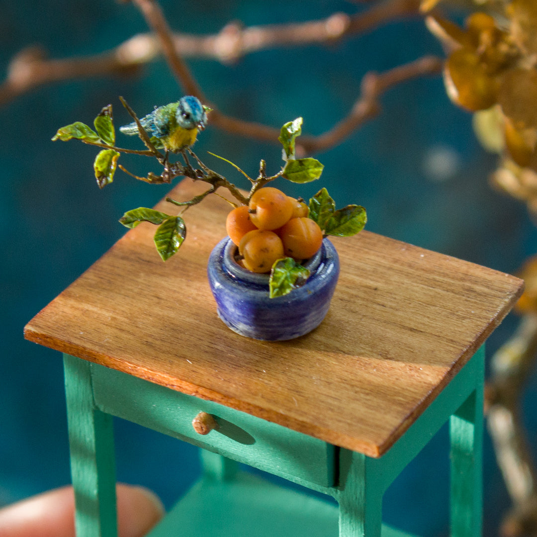 Miniature blue tit on a vase with apricots for a dollhouse, scale 1:12. - Rina Vellichor