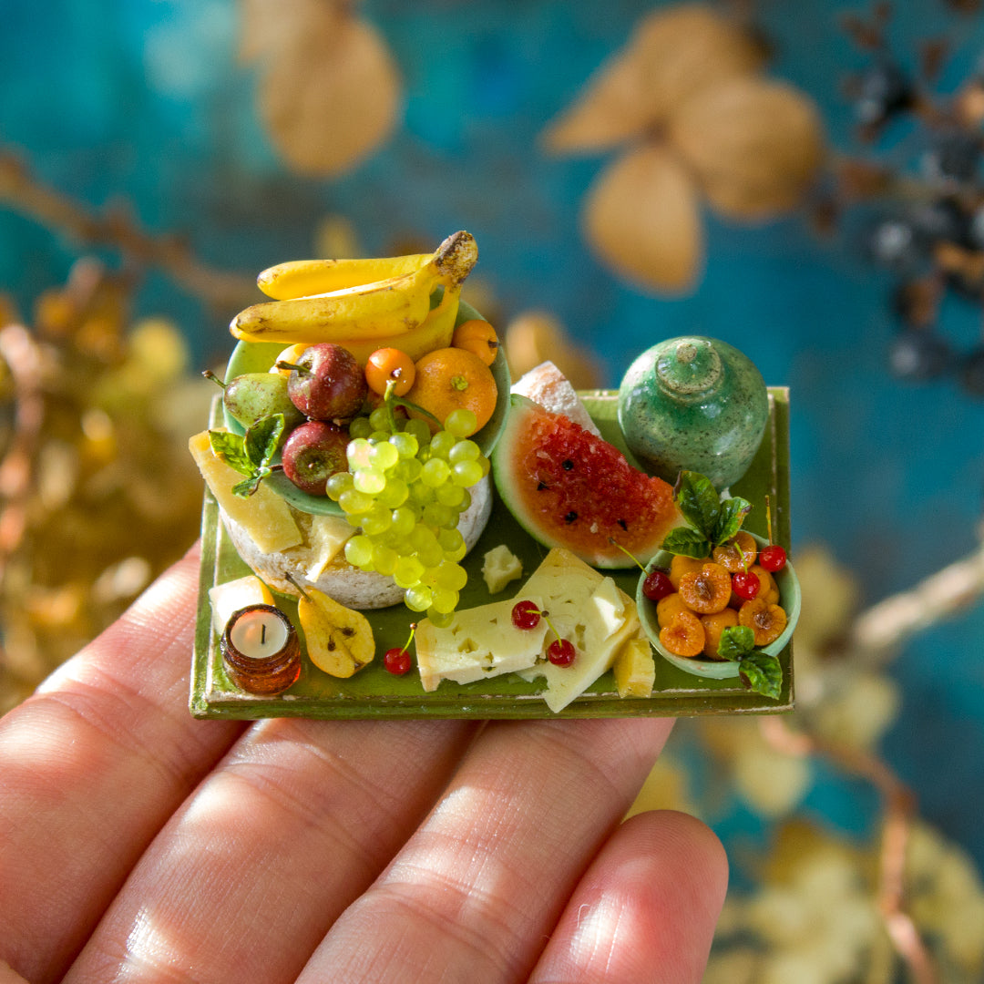 Miniature set with cheese and fruits for dollhouse in 1:12 scale 1 - Rina Vellichor