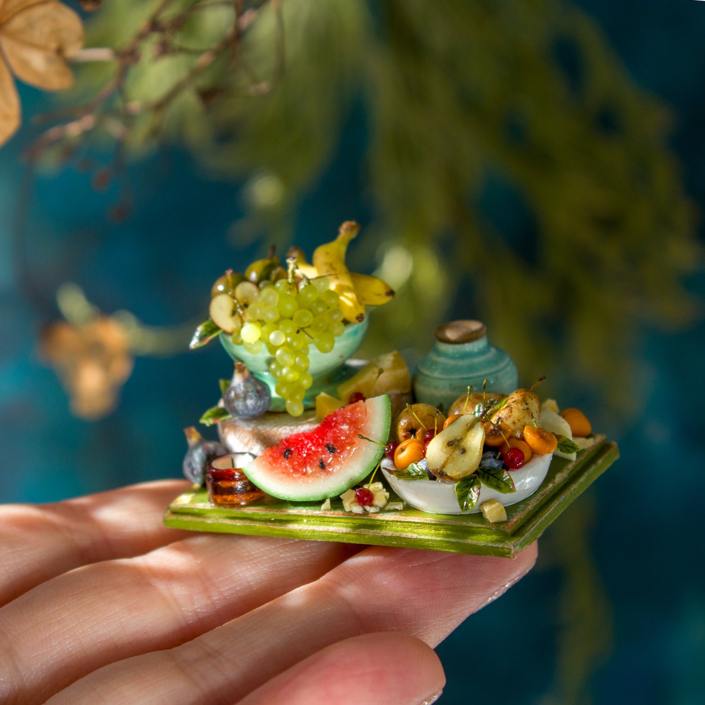 Miniature set with cheese and fruits for dollhouse in 1:12 scale 1