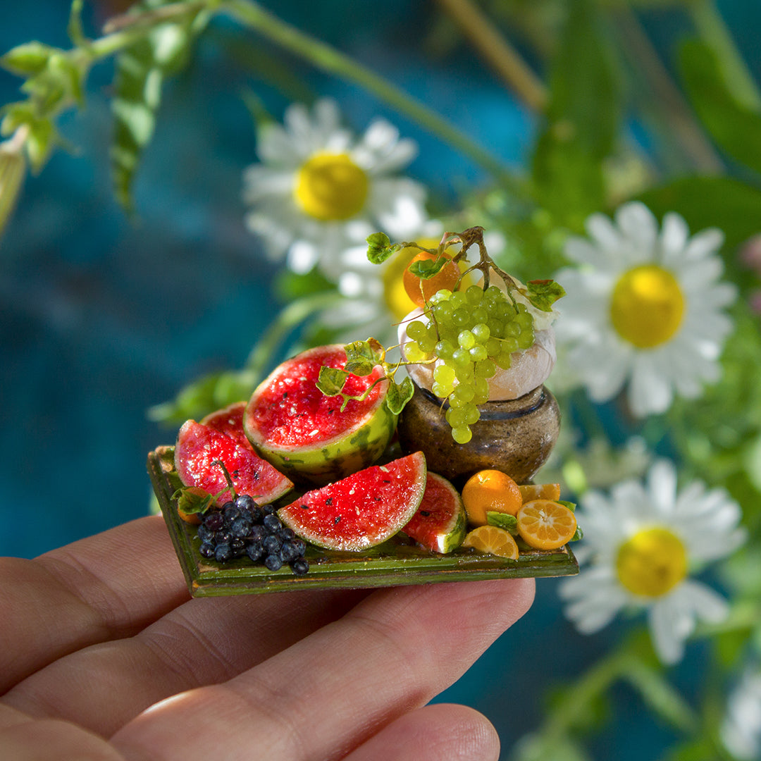 Miniature fruit and cheese still life for dollhouse in 1:12 scale 3