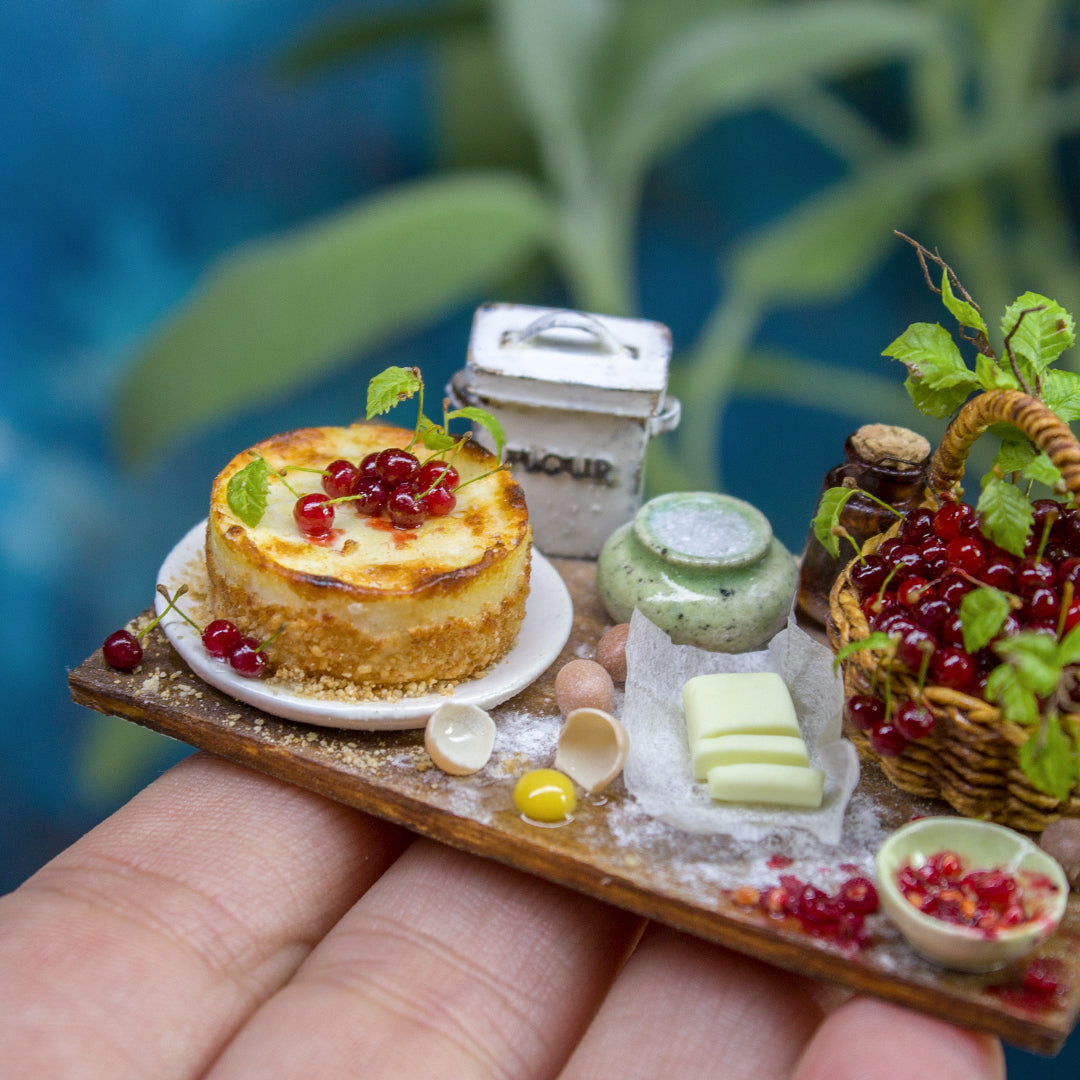 Miniature cherry cheesecake making set for dollhouse in 1:12 scale - Rina Vellichor