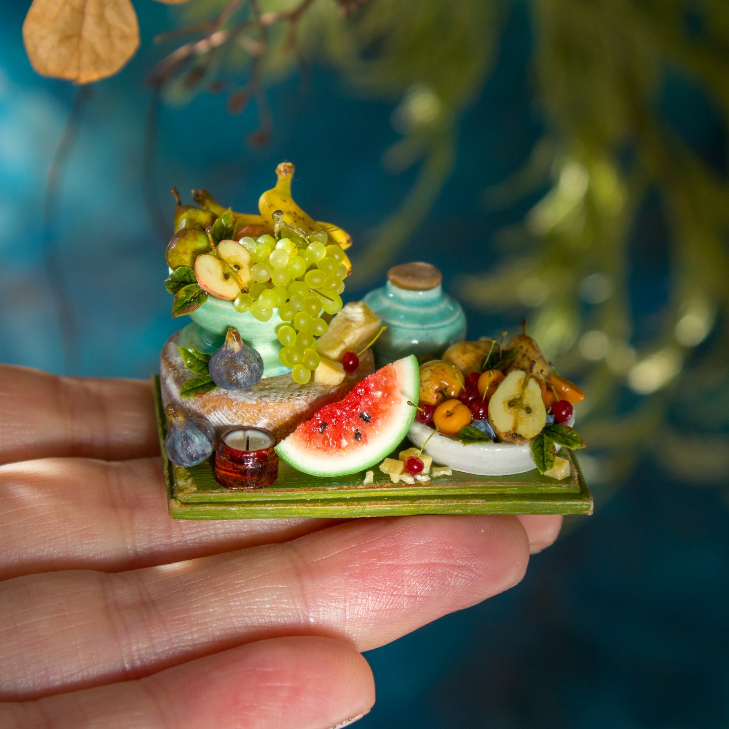 Miniature set with cheese and fruits for dollhouse in 1:12 scale 1