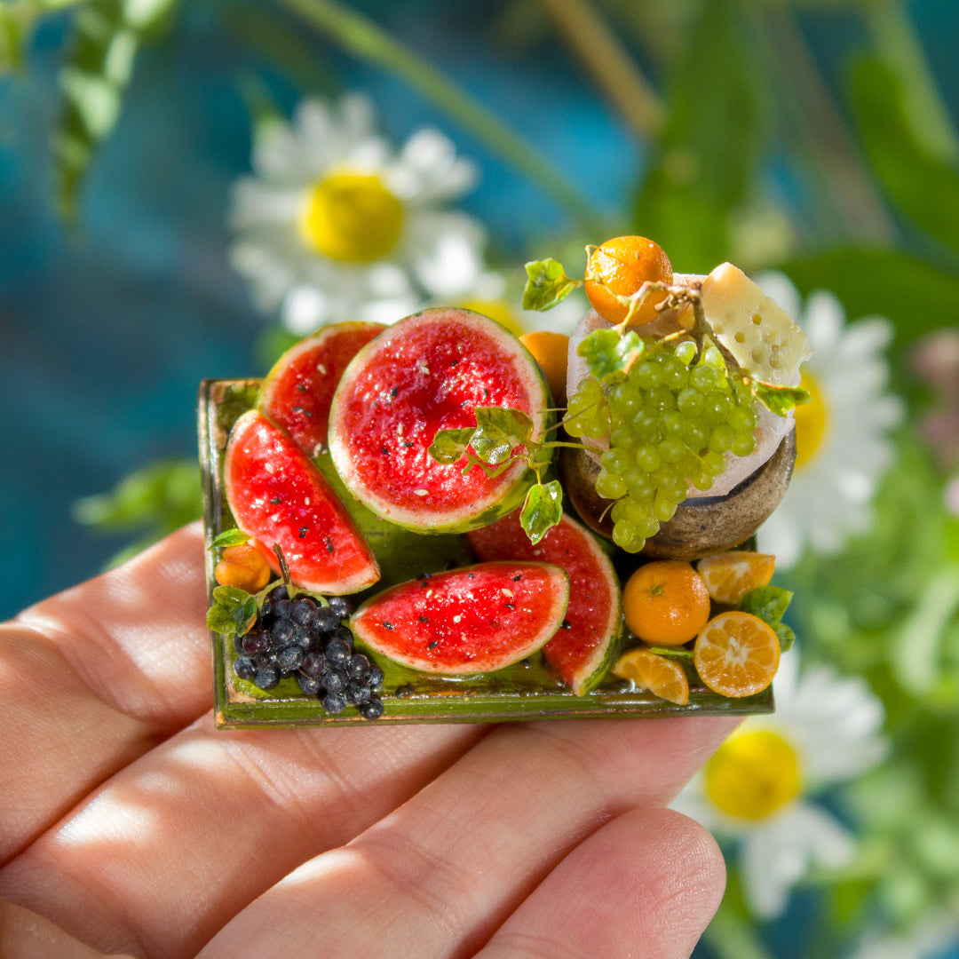 Miniature fruit and cheese still life for dollhouse in 1:12 scale 3