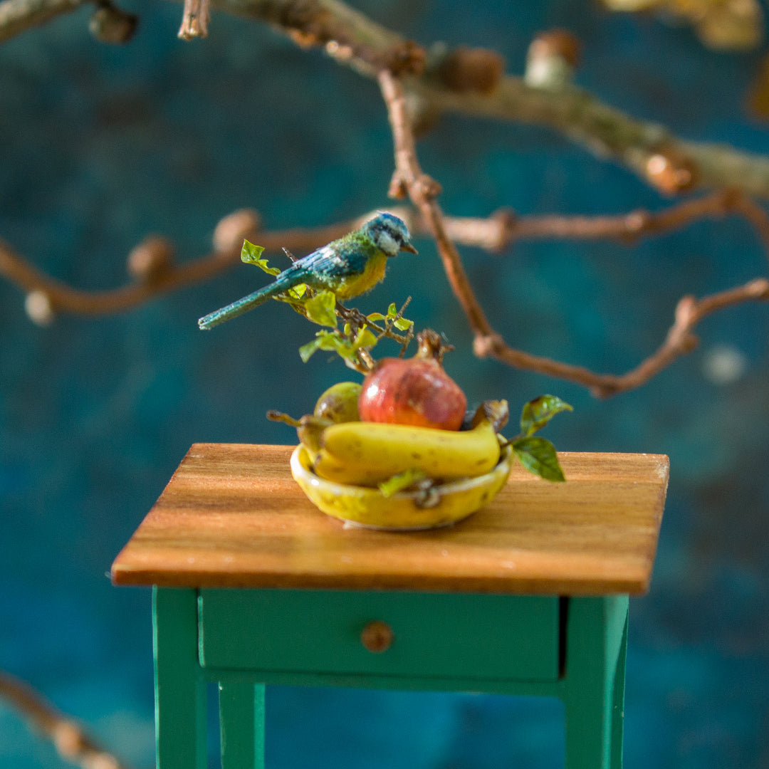 Miniature blue tit on a plate with fruits for a dollhouse, scale 1:12. - Rina Vellichor