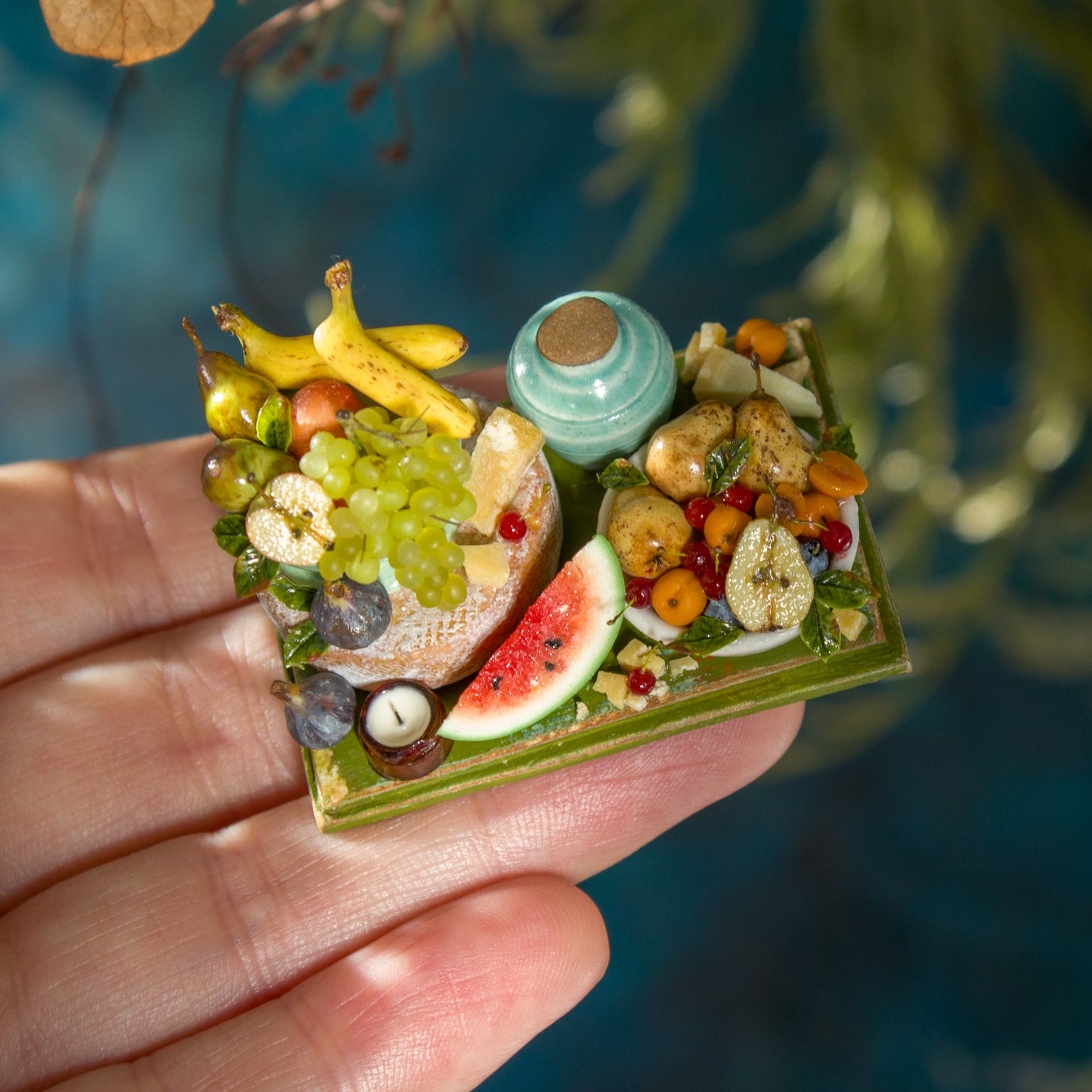 Miniature set with cheese and fruits for dollhouse in 1:12 scale 1