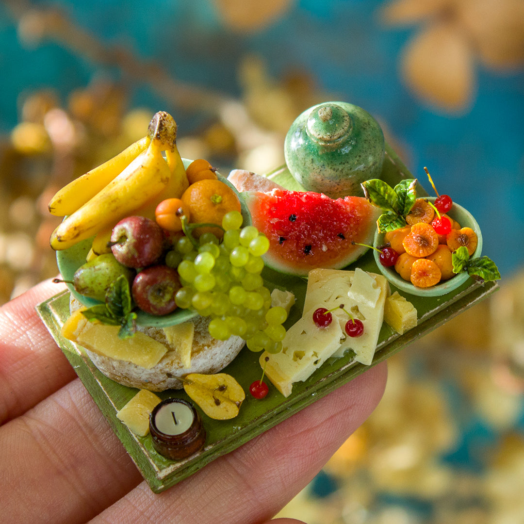 Miniature set with cheese and fruits for dollhouse in 1:12 scale 1 - Rina Vellichor