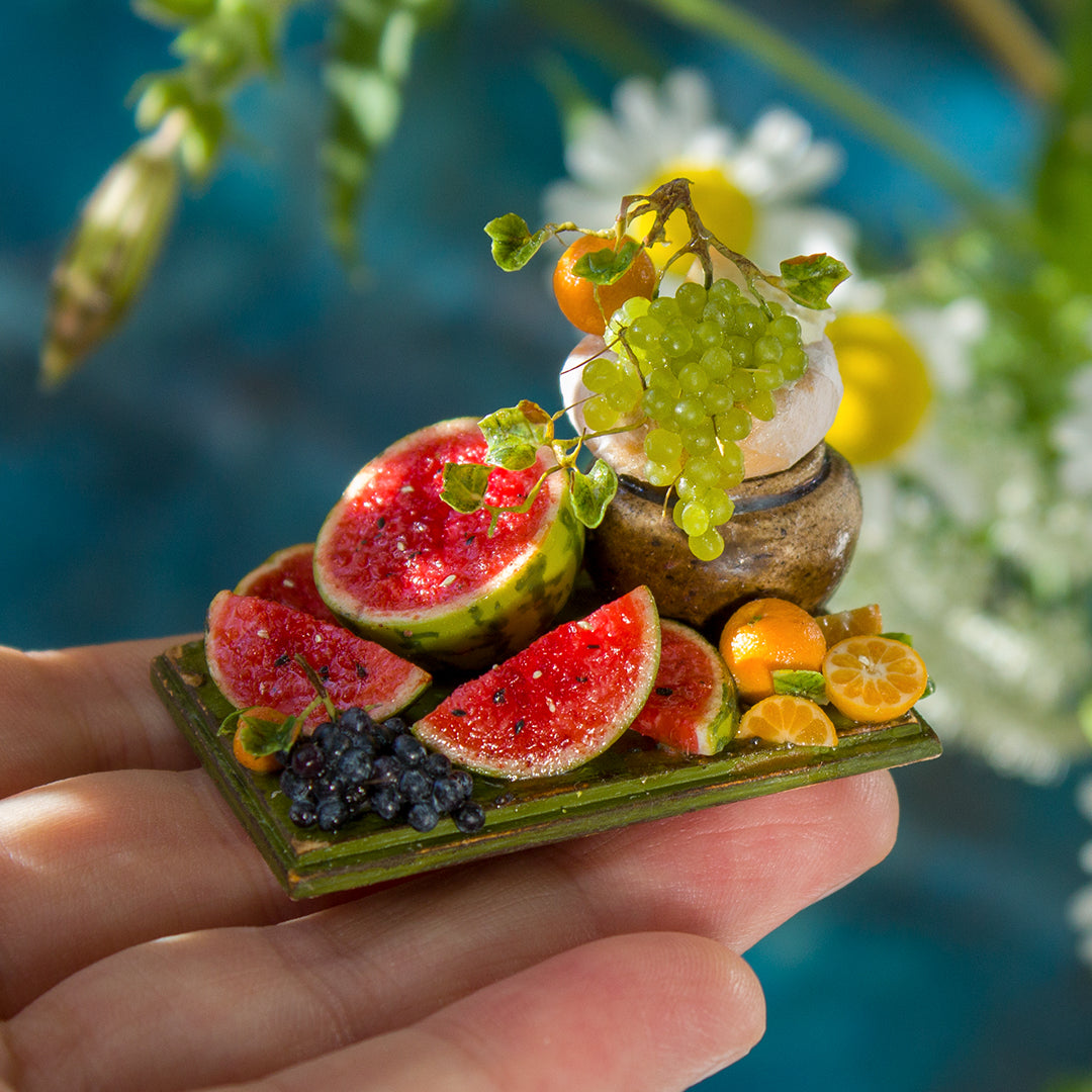 Miniature fruit and cheese still life for dollhouse in 1:12 scale 3