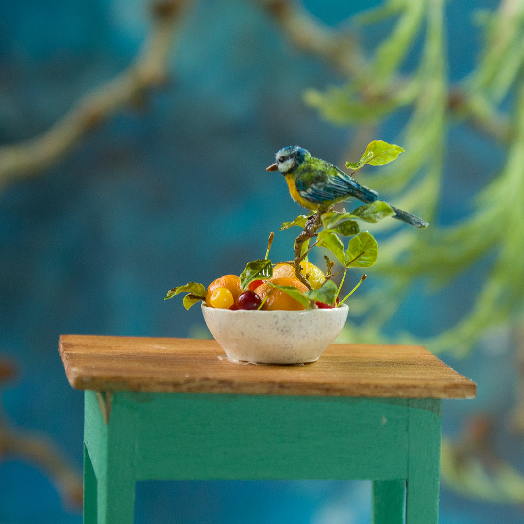 Miniature blue tit on a plate with fruits and berries for a dollhouse, scale 1:12. - Rina Vellichor