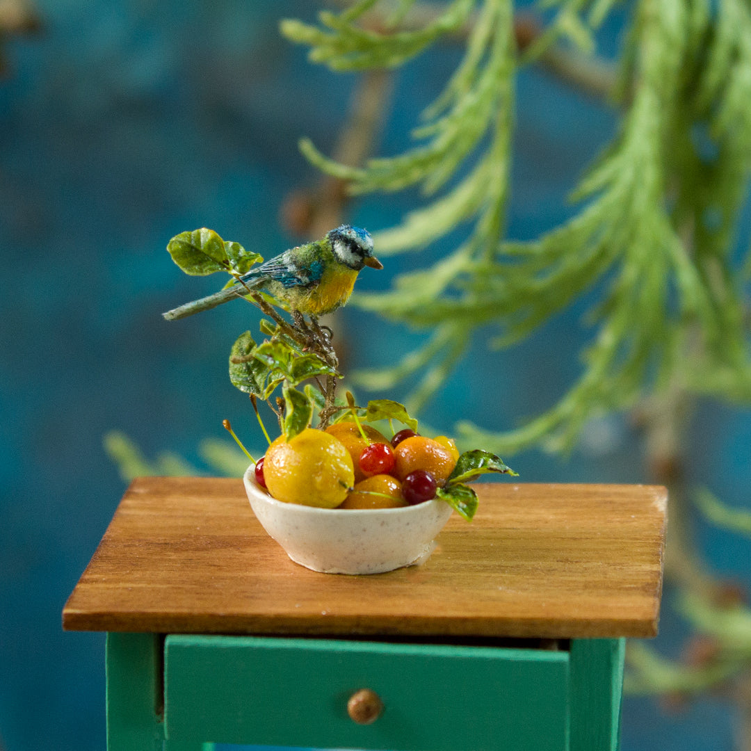 Miniature blue tit on a plate with fruits and berries for a dollhouse, scale 1:12. - Rina Vellichor