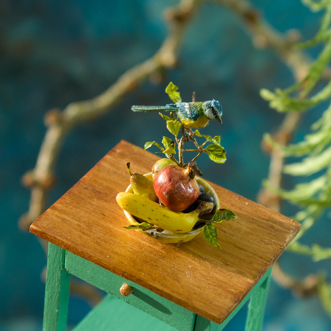 Miniature blue tit on a plate with fruits for a dollhouse, scale 1:12. - Rina Vellichor