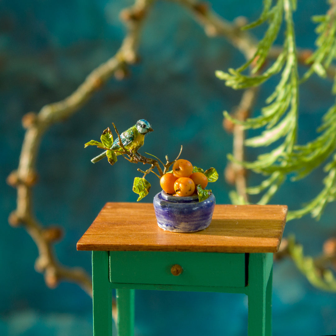 Miniature blue tit on a vase with apricots for a dollhouse, scale 1:12. - Rina Vellichor