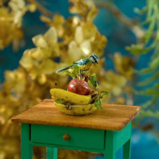Miniature blue tit on a plate with fruits for a dollhouse, scale 1:12. - Rina Vellichor