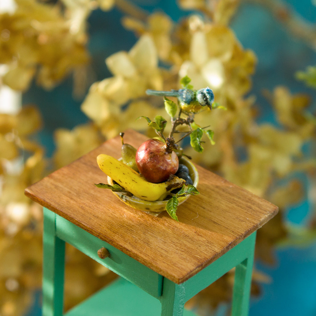 Miniature blue tit on a plate with fruits for a dollhouse, scale 1:12. - Rina Vellichor