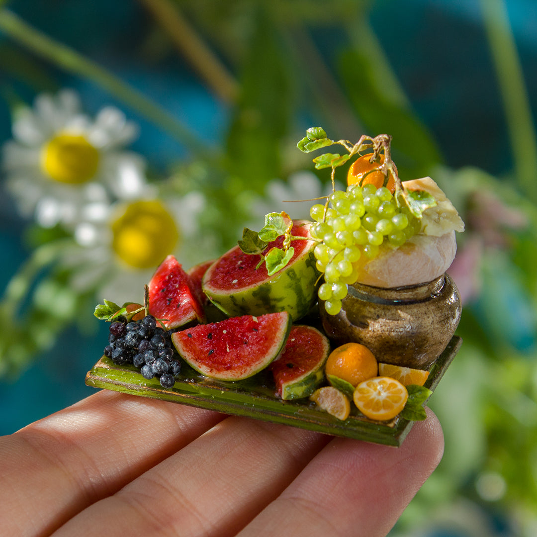 Miniature fruit and cheese still life for dollhouse in 1:12 scale 3