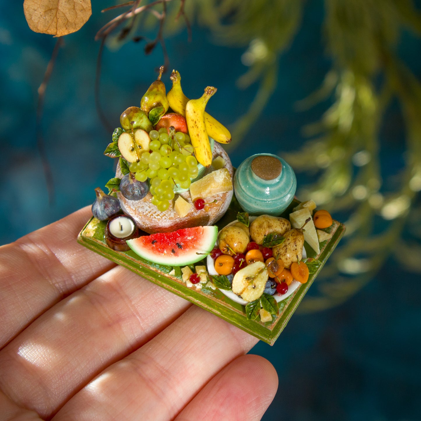 Miniature set with cheese and fruits for dollhouse in 1:12 scale 1