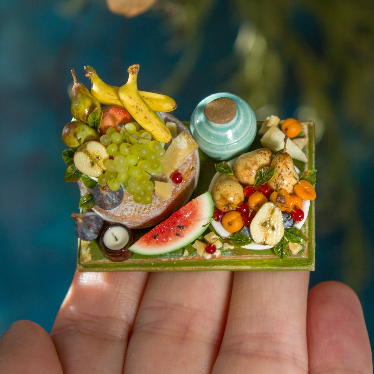 Miniature set with cheese and fruits for dollhouse in 1:12 scale 1