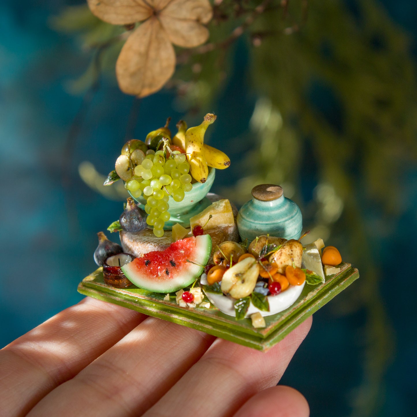 Miniature set with cheese and fruits for dollhouse in 1:12 scale 1