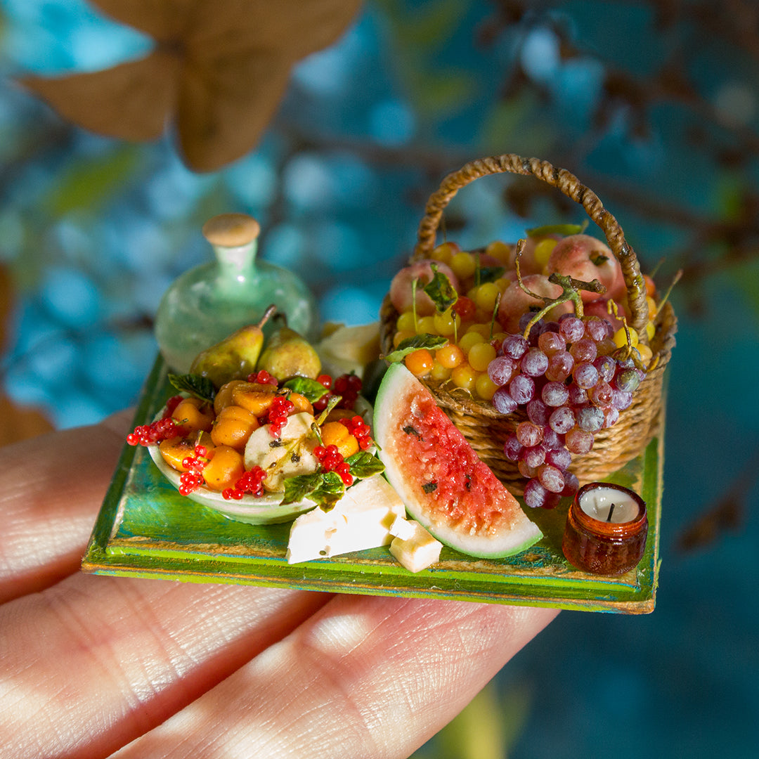 Miniature set with cheese and fruits for dollhouse in 1:12 scale 2