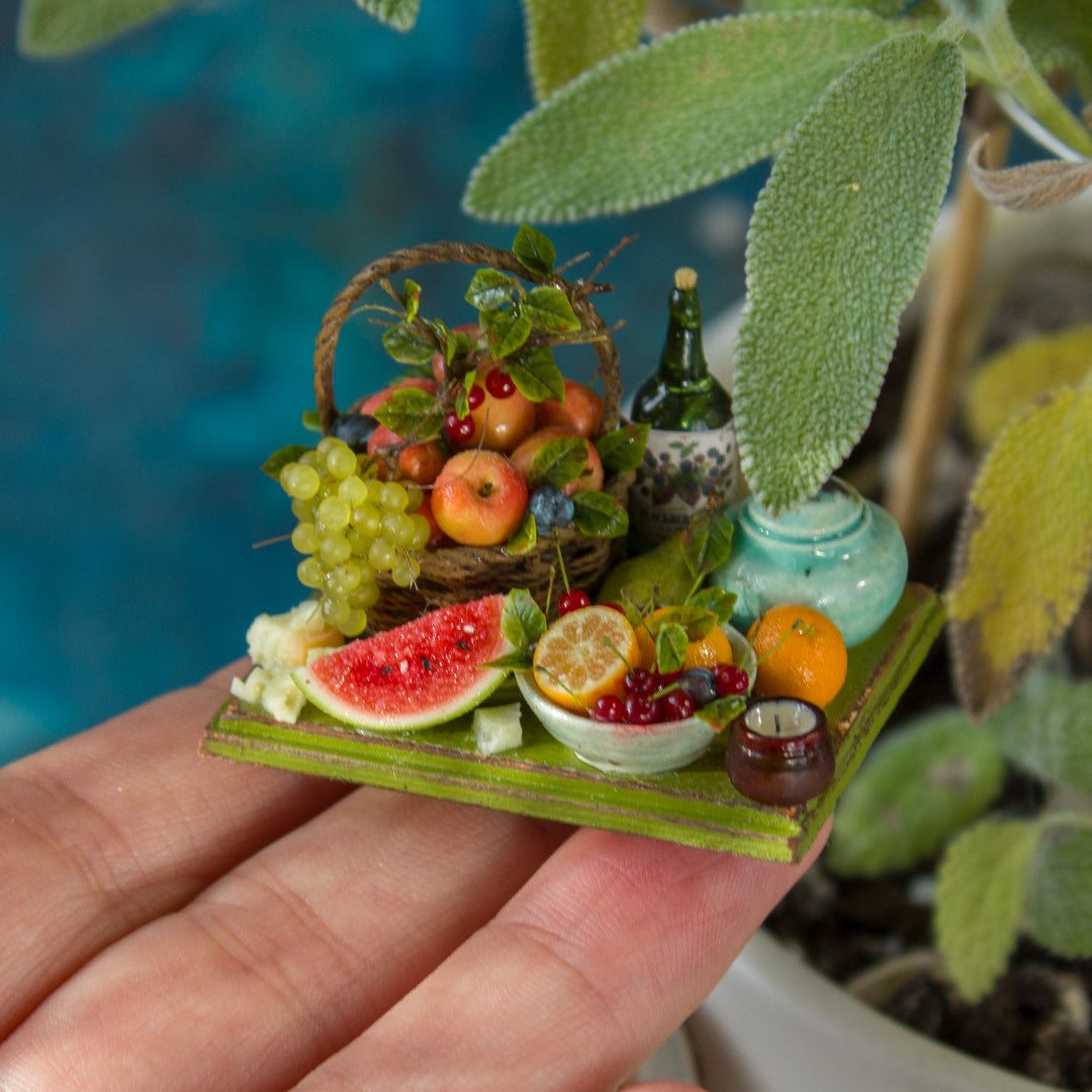 Miniature fruit and cheese still life for dollhouse in 1:12 scale 2