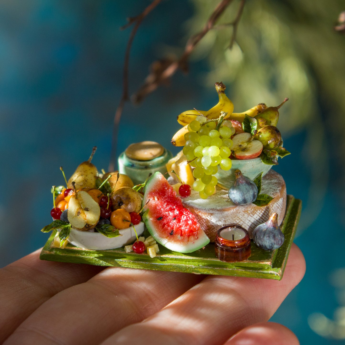 Miniature set with cheese and fruits for dollhouse in 1:12 scale 2